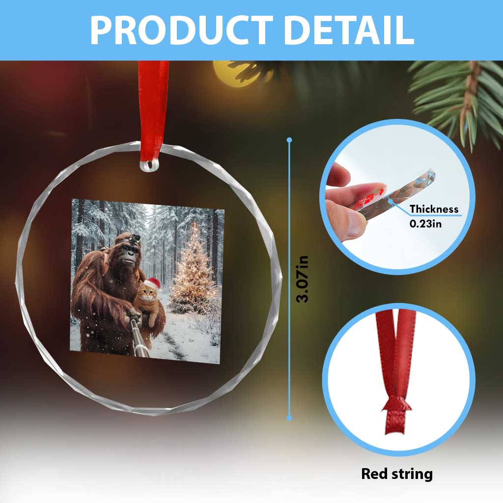 Funny Bigfoot With Cat Selfie Christmas Crystal Glass Ornament - Wonder Print Shop