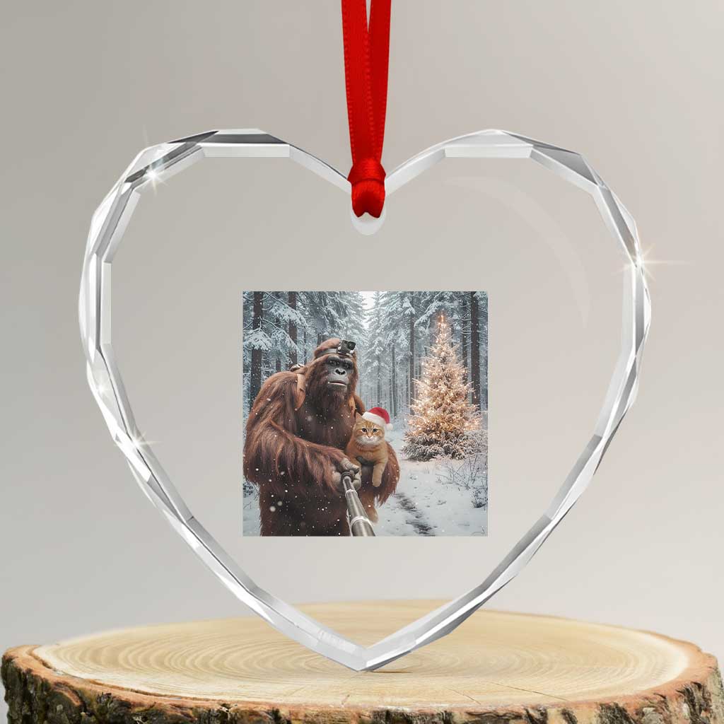 Funny Bigfoot With Cat Selfie Christmas Heart Crystal Glass Ornament - Wonder Print Shop