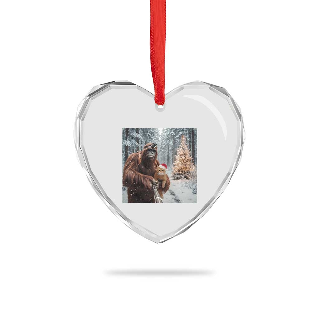 Funny Bigfoot With Cat Selfie Christmas Heart Crystal Glass Ornament - Wonder Print Shop