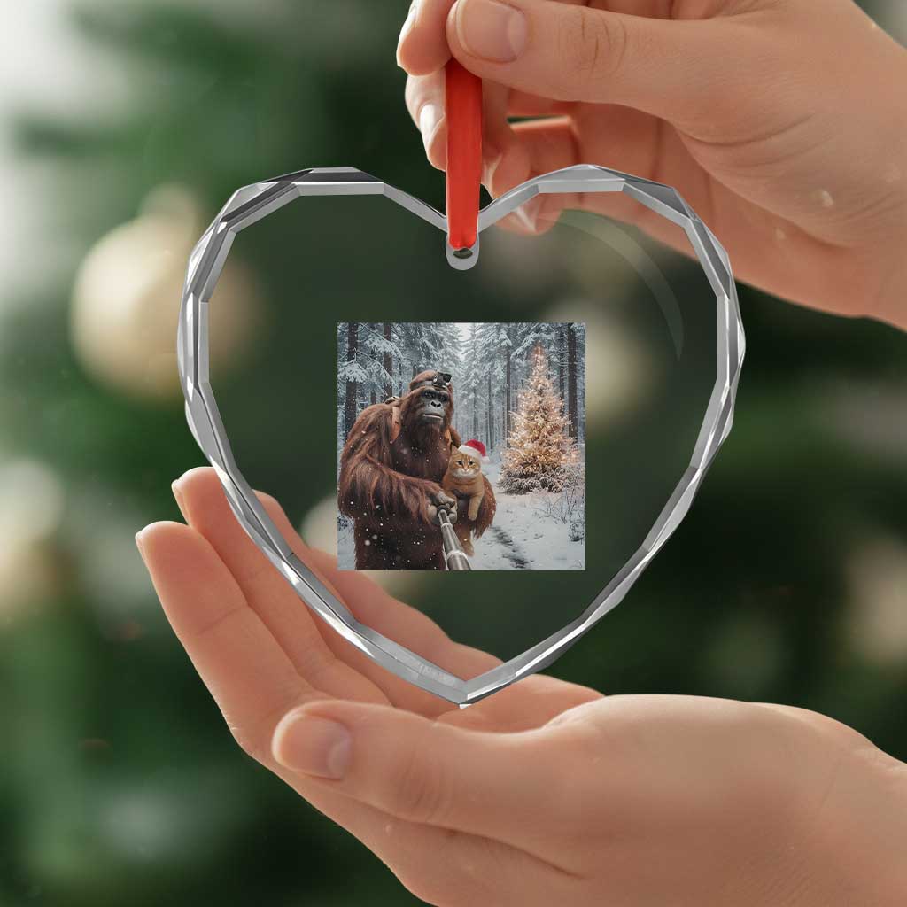 Funny Bigfoot With Cat Selfie Christmas Heart Crystal Glass Ornament - Wonder Print Shop
