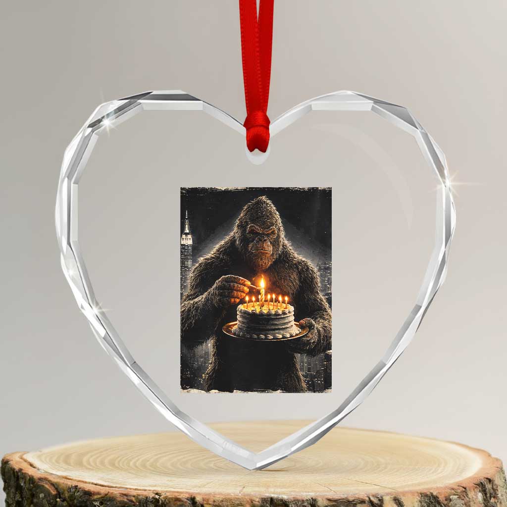 Funny Birthday Bigfoot Heart Crystal Glass Ornament Sasquatsch Bday Party Vintage Graphic Japanese Art