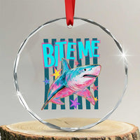 Funny Bite Me Shark Lover Crystal Glass Ornament Summer Beach Nautical Stripes Glitter Print