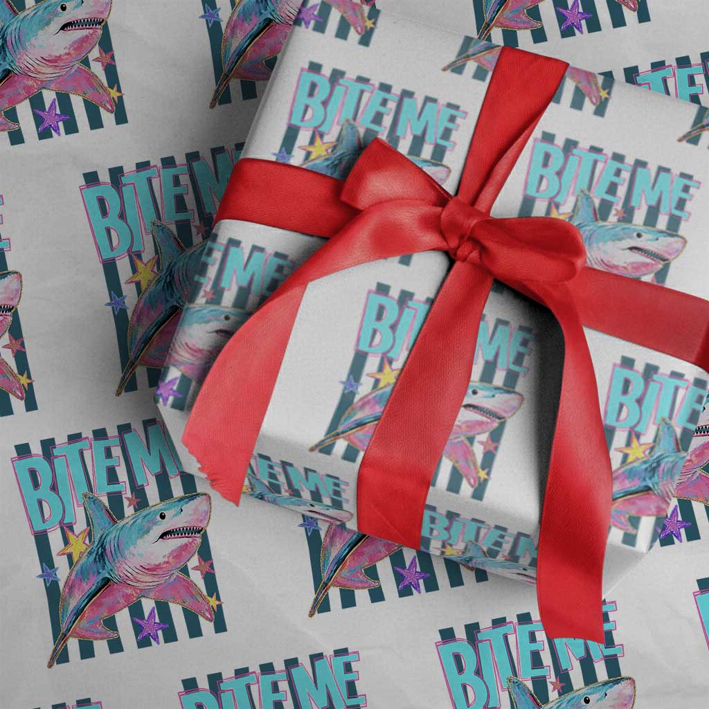 Funny Bite Me Shark Lover Wrapping Paper Roll Summer Beach Nautical Stripes Glitter Print