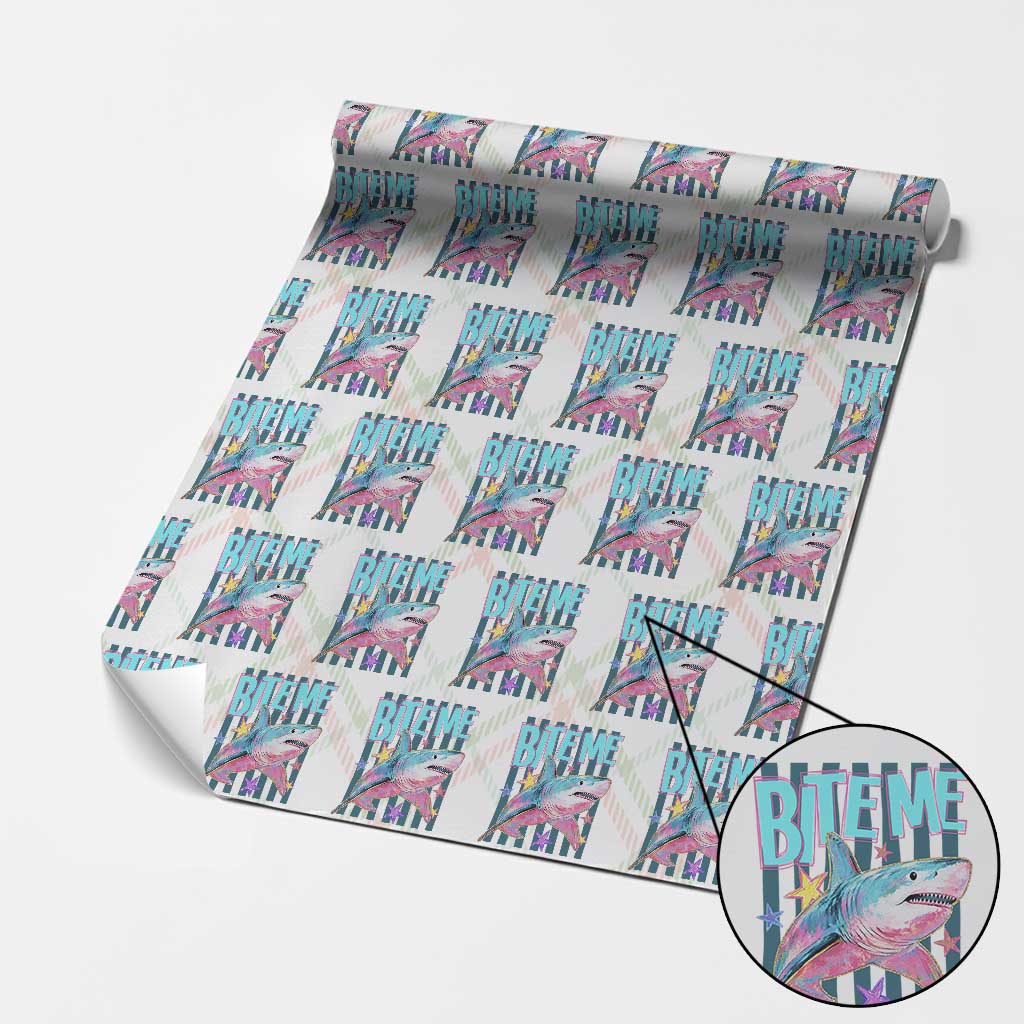 Funny Bite Me Shark Lover Wrapping Paper Roll Summer Beach Nautical Stripes Glitter Print