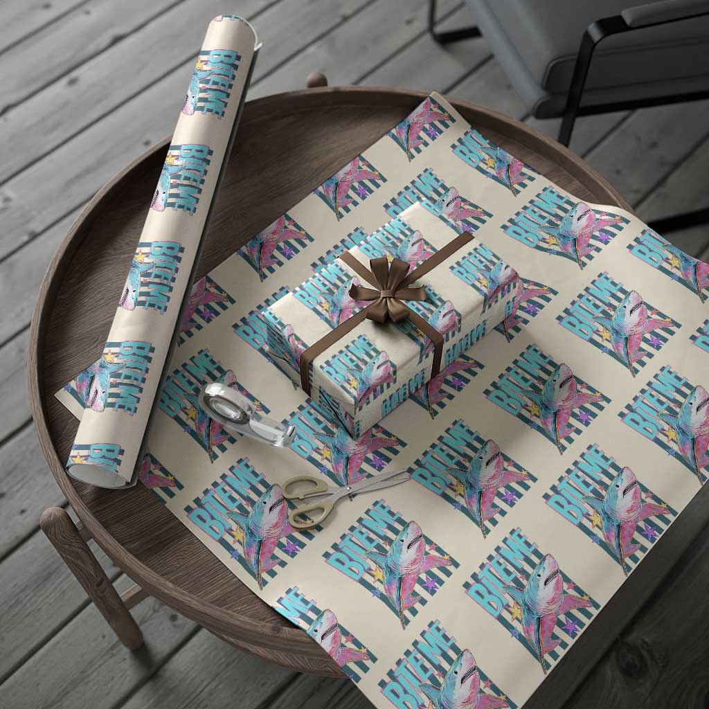 Funny Bite Me Shark Lover Wrapping Paper Roll Summer Beach Nautical Stripes Glitter Print