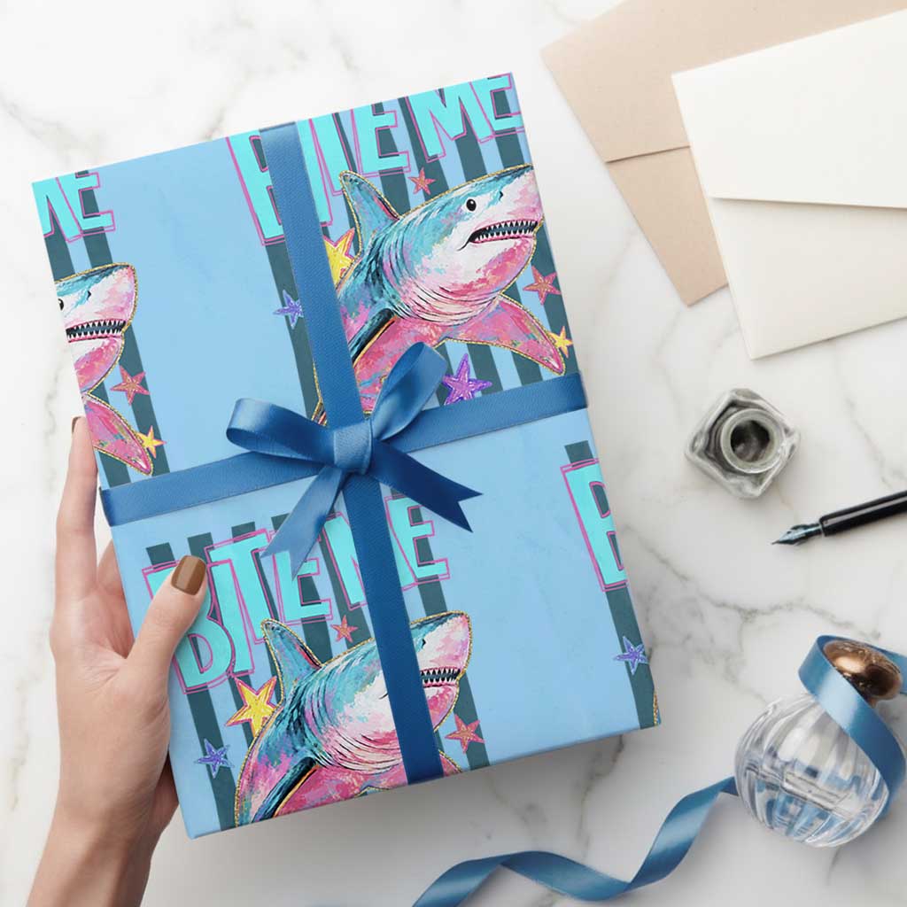 Funny Bite Me Shark Lover Wrapping Paper Roll Summer Beach Nautical Stripes Glitter Print