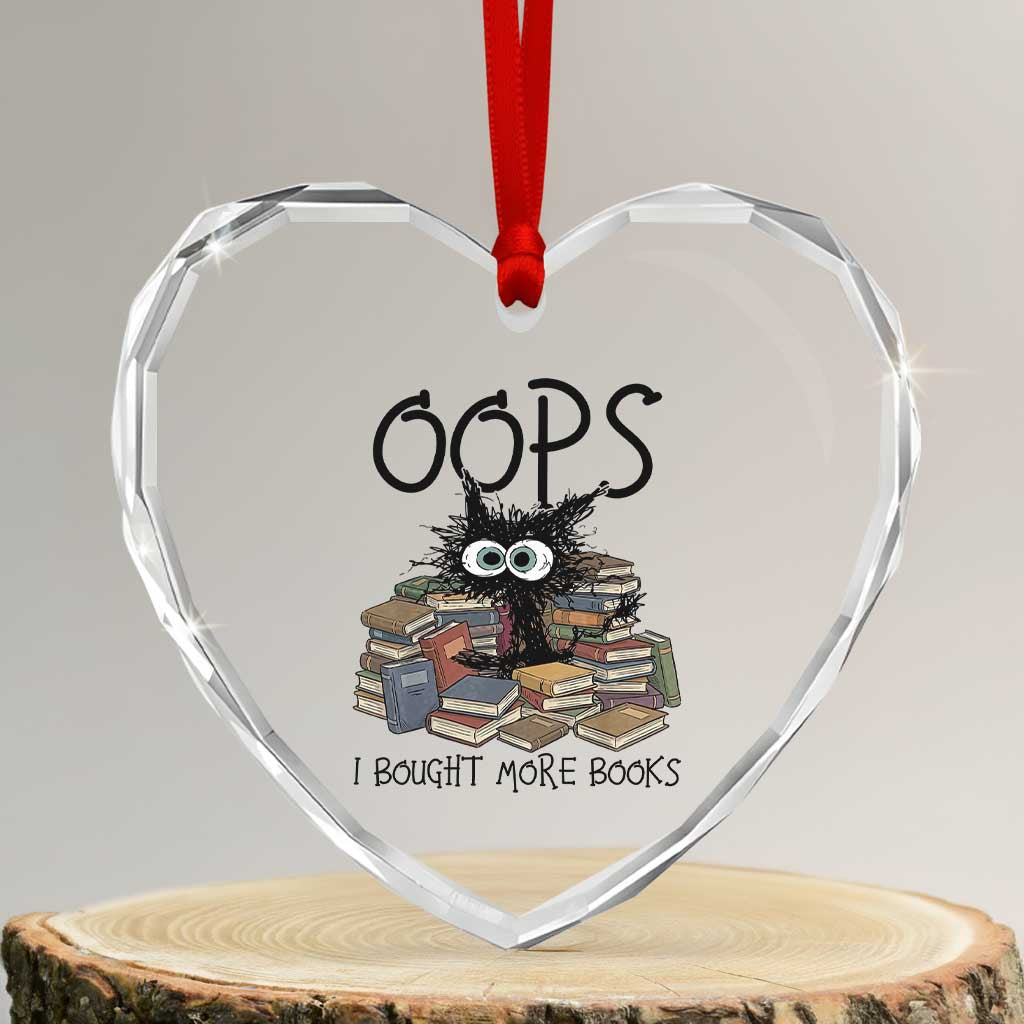 Funny Black Cat Bookworm Gift Heart Crystal Glass Ornament Oops I Bought More Books