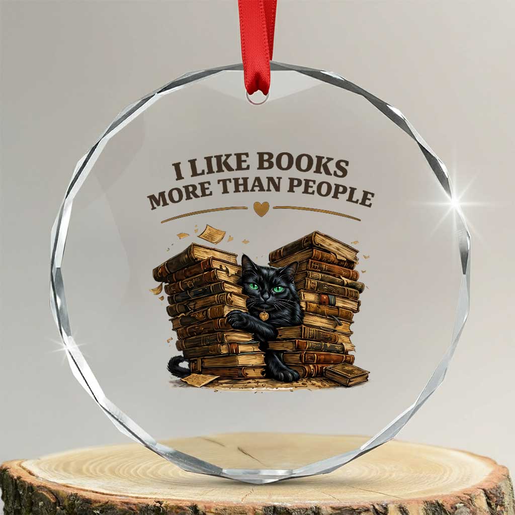 Funny Black Cat Bookworm Quote Crystal Glass Ornament I Like Books More Than People