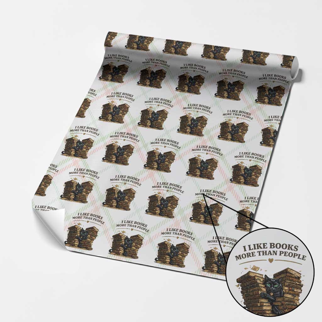 Funny Black Cat Bookworm Quote Wrapping Paper Roll I Like Books More Than People
