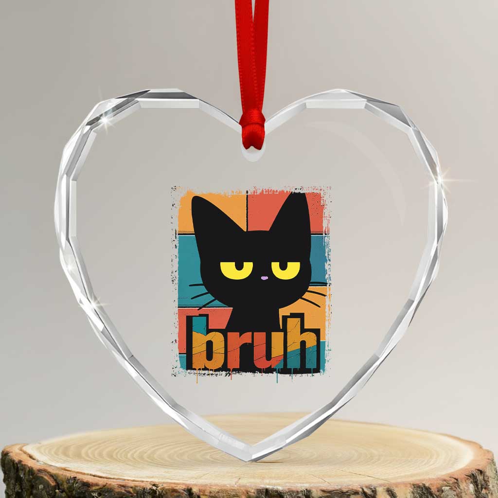 Funny Black Cat Bruh Meme Heart Crystal Glass Ornament Funny Black Cat - Wonder Print Shop