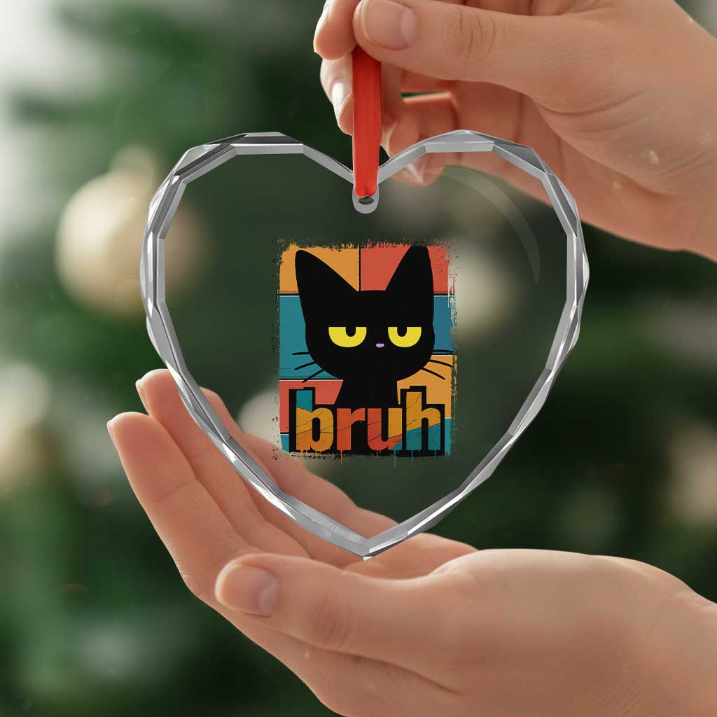 Funny Black Cat Bruh Meme Heart Crystal Glass Ornament Funny Black Cat - Wonder Print Shop