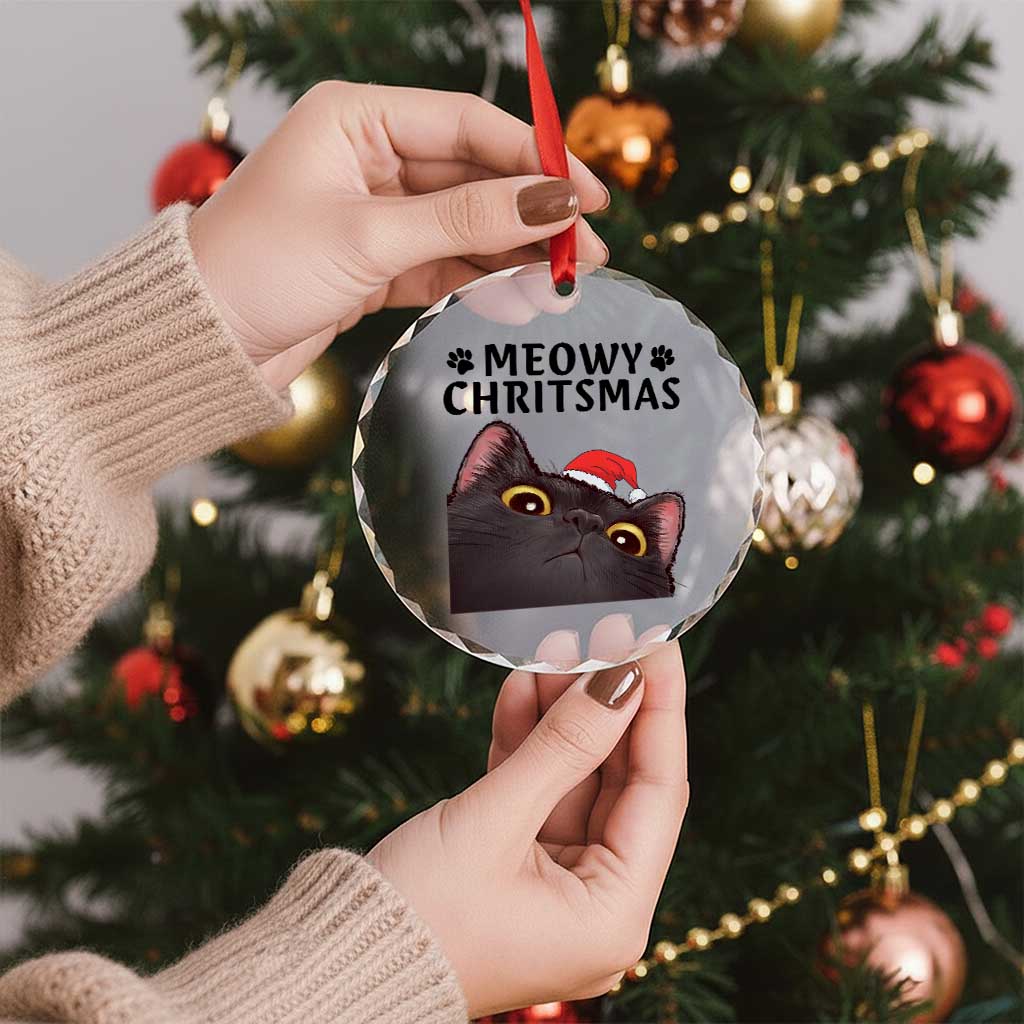 Funny Black Cat Christmas Crystal Glass Ornament Cute Kitty Xmas - Wonder Print Shop