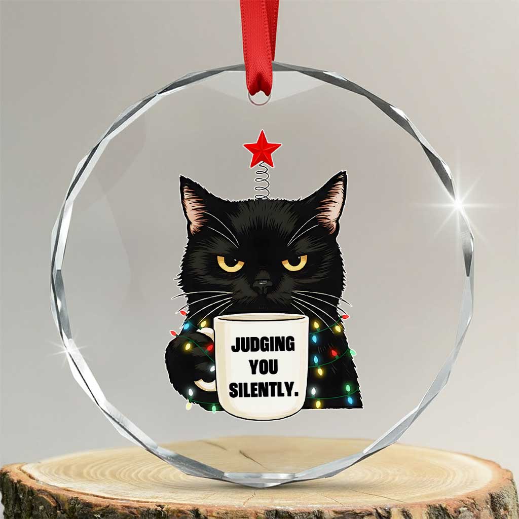 Funny Black Cat Christmas Crystal Glass Ornament Judging You Silently - Wonder Print Shop