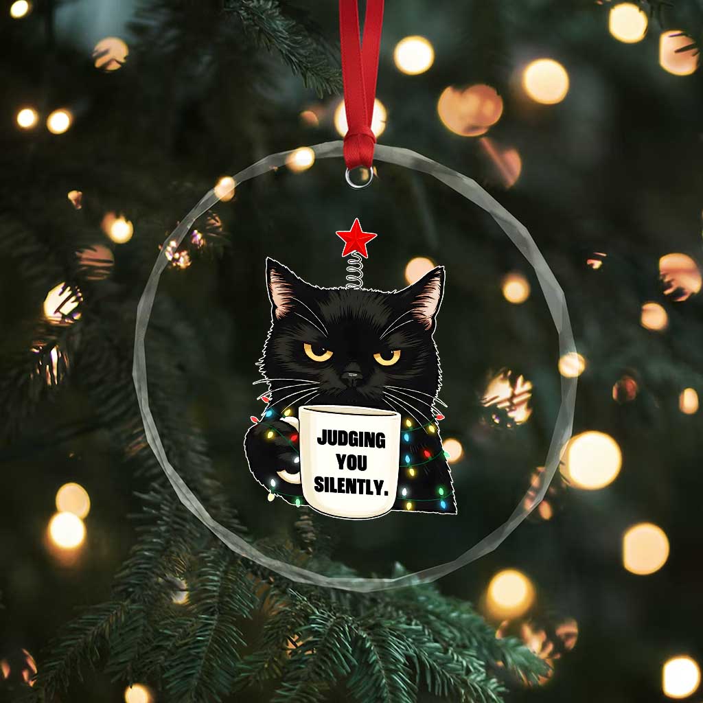 Funny Black Cat Christmas Crystal Glass Ornament Judging You Silently - Wonder Print Shop