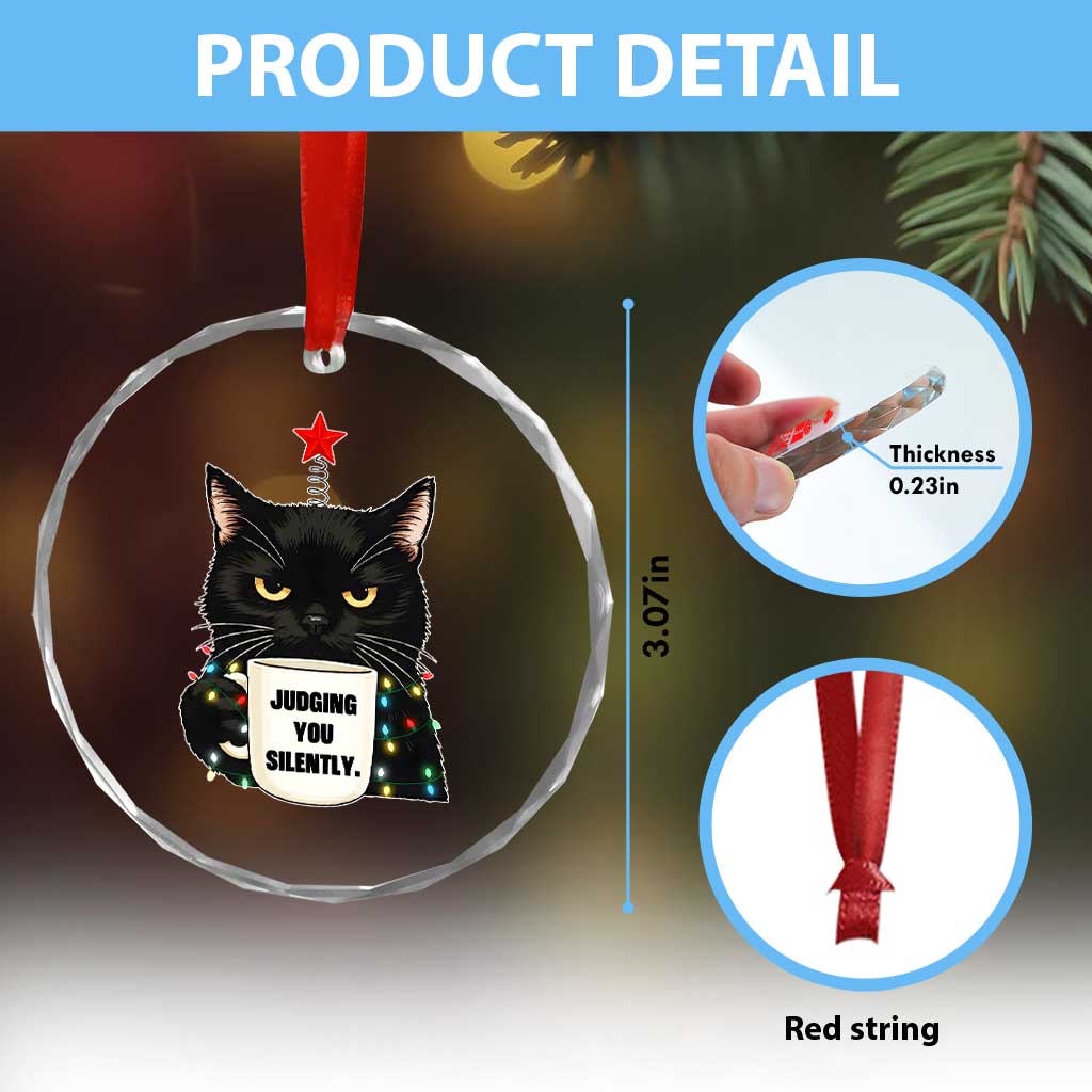 Funny Black Cat Christmas Crystal Glass Ornament Judging You Silently - Wonder Print Shop