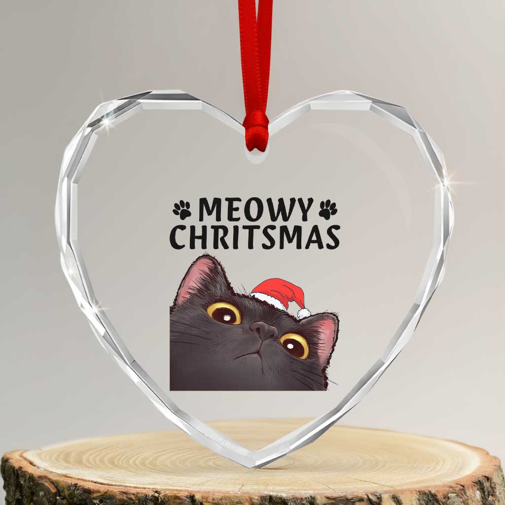 Funny Black Cat Christmas Heart Crystal Glass Ornament Cute Kitty Xmas - Wonder Print Shop