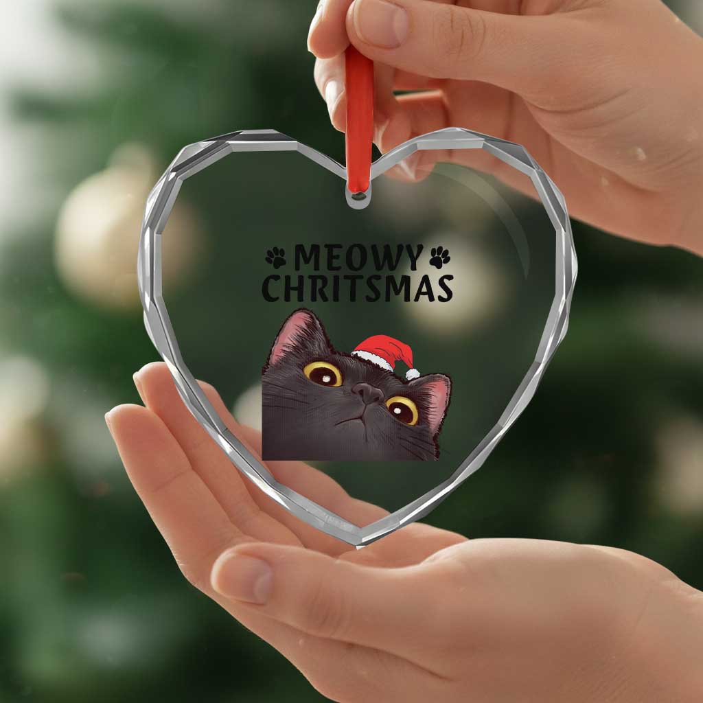 Funny Black Cat Christmas Heart Crystal Glass Ornament Cute Kitty Xmas - Wonder Print Shop