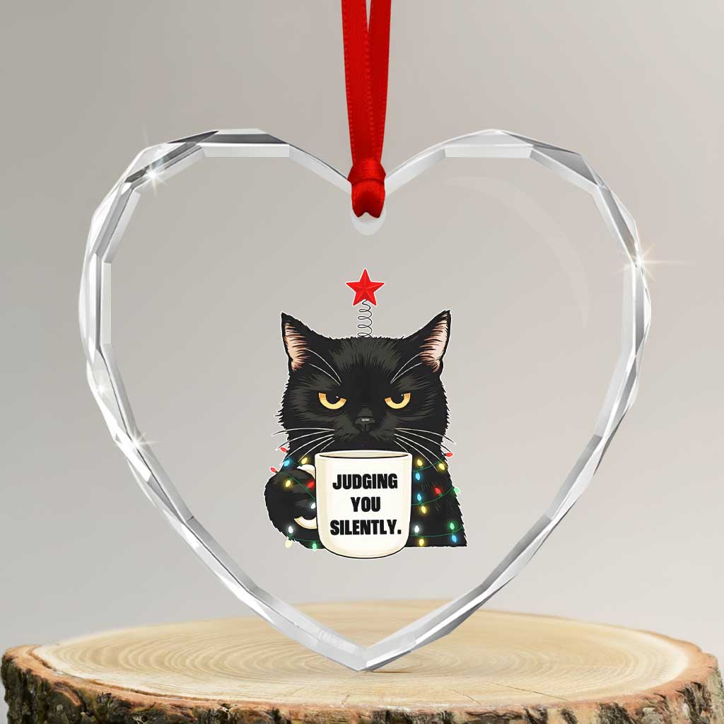 Funny Black Cat Christmas Heart Crystal Glass Ornament Judging You Silently - Wonder Print Shop