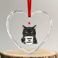 Funny Black Cat Christmas Heart Crystal Glass Ornament Judging You Silently - Wonder Print Shop