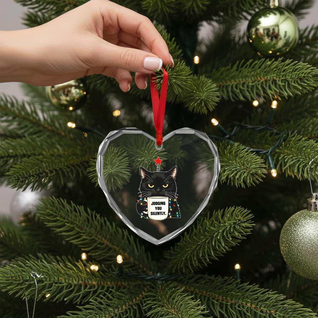 Funny Black Cat Christmas Heart Crystal Glass Ornament Judging You Silently - Wonder Print Shop