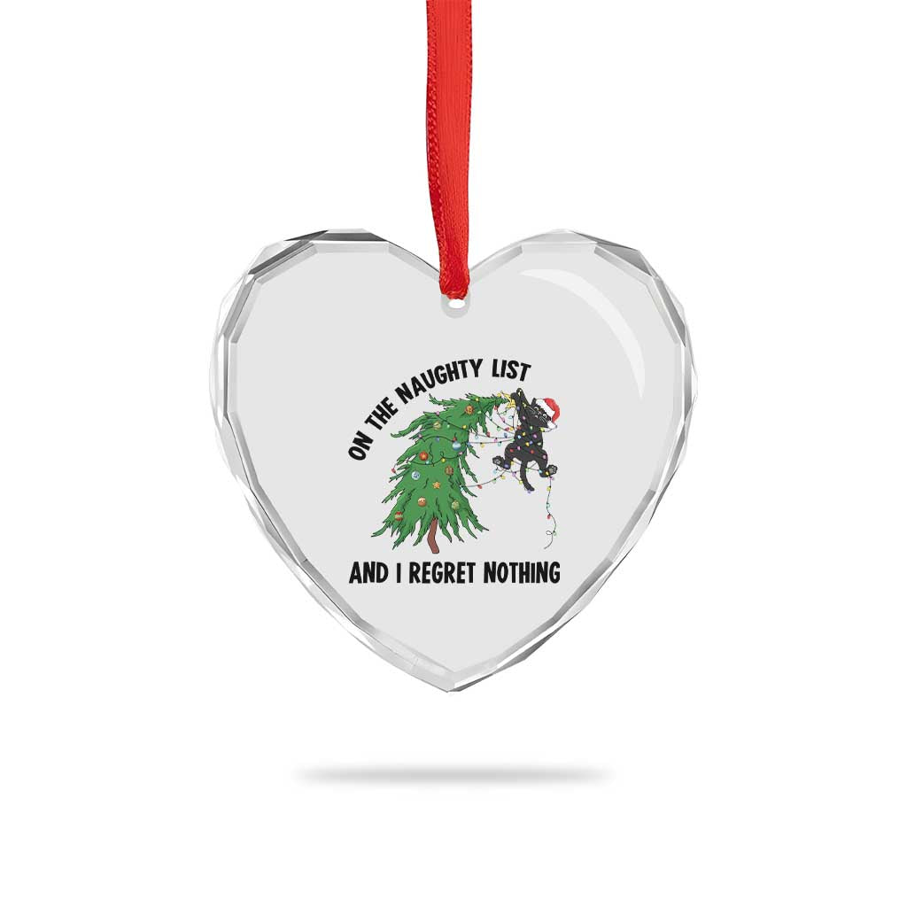 Funny Black Cat Christmas Heart Crystal Glass Ornament On the Naughty List And I Regret Nothing - Wonder Print Shop