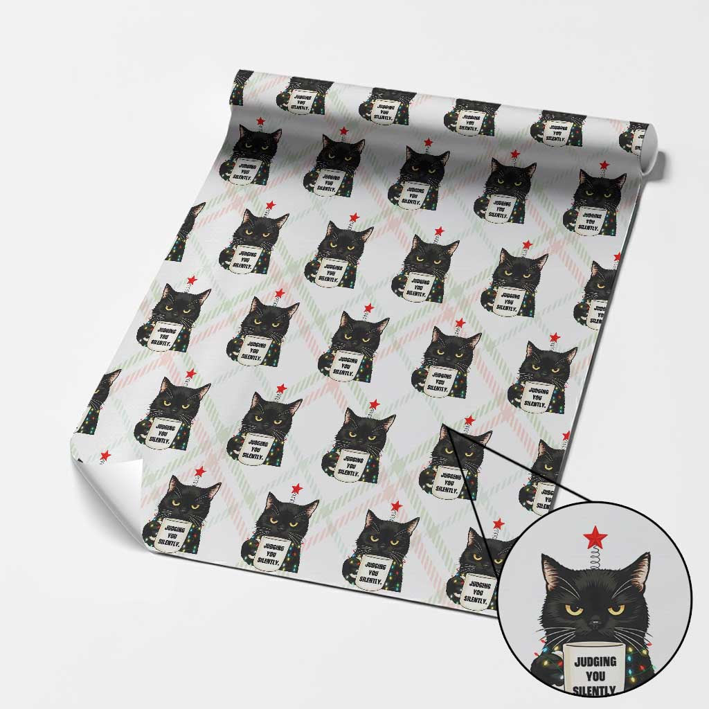 Funny Black Cat Christmas Wrapping Paper Roll Judging You Silently - Wonder Print Shop