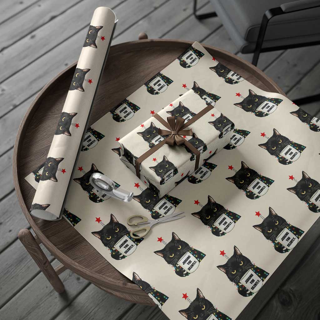 Funny Black Cat Christmas Wrapping Paper Roll Judging You Silently - Wonder Print Shop