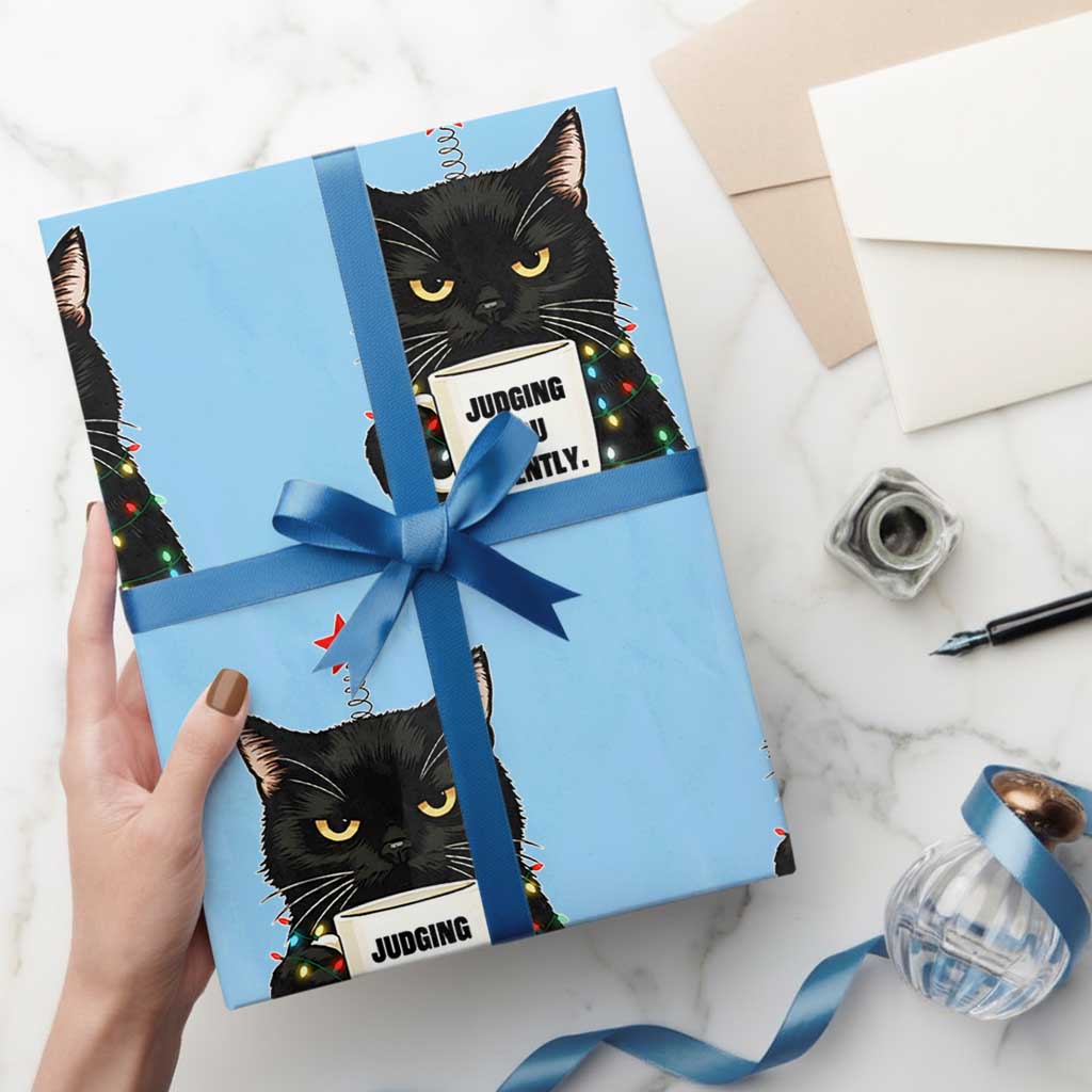 Funny Black Cat Christmas Wrapping Paper Roll Judging You Silently - Wonder Print Shop