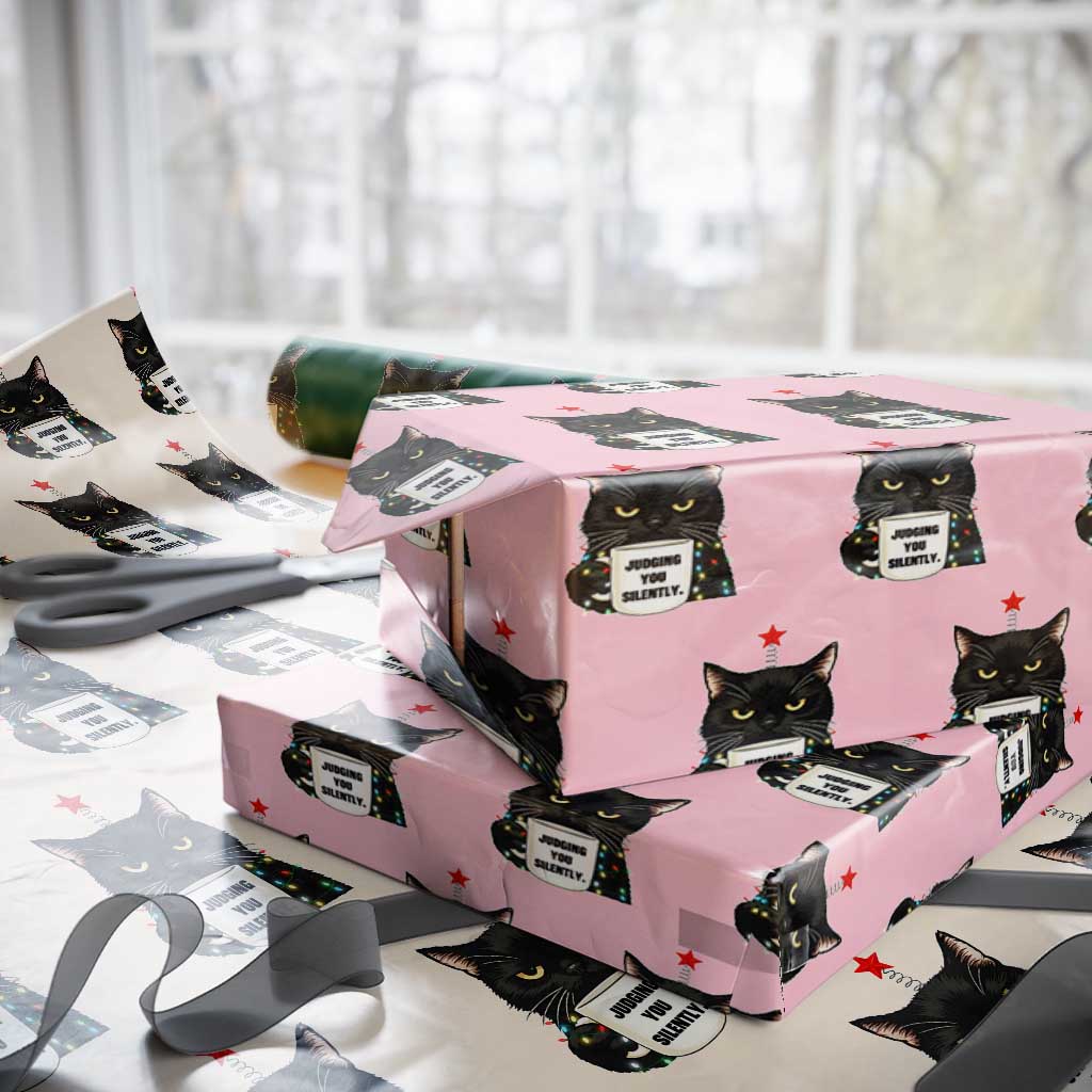 Funny Black Cat Christmas Wrapping Paper Roll Judging You Silently - Wonder Print Shop