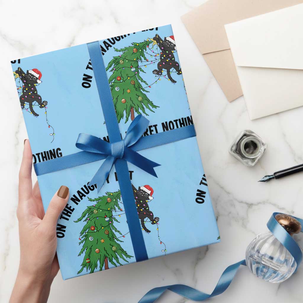 Funny Black Cat Christmas Wrapping Paper Roll On the Naughty List And I Regret Nothing - Wonder Print Shop