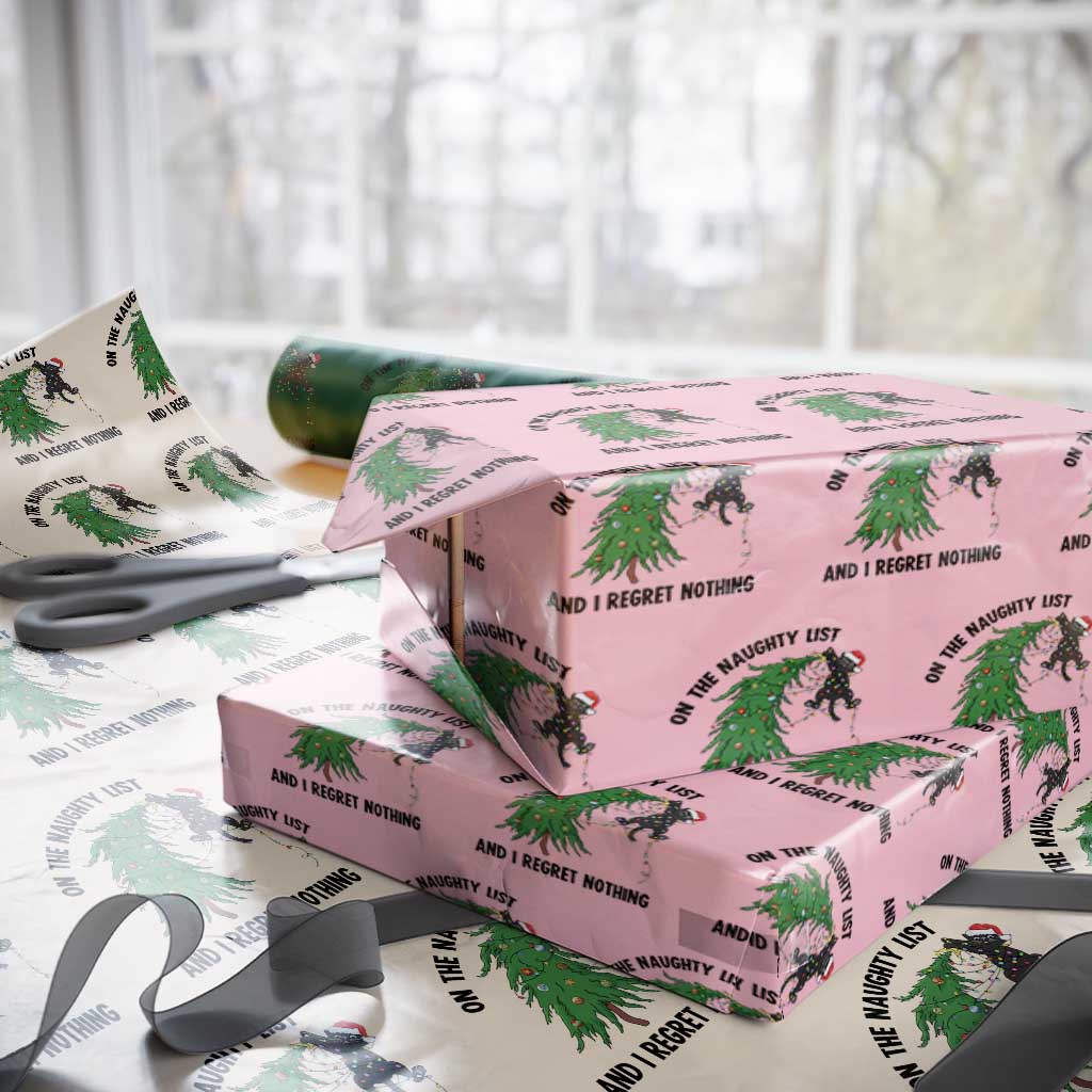 Funny Black Cat Christmas Wrapping Paper Roll On the Naughty List And I Regret Nothing - Wonder Print Shop