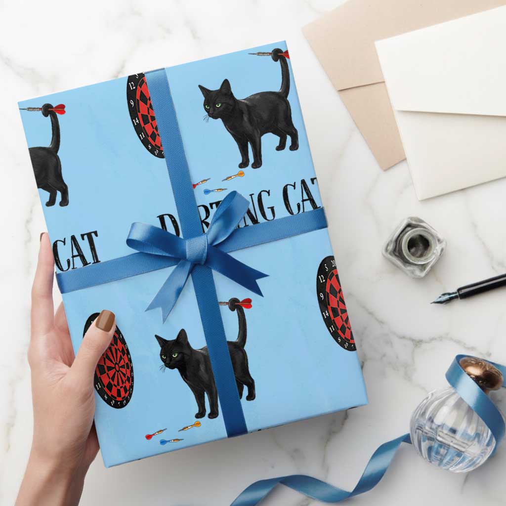 Funny Black Cat Darts Player Wrapping Paper Roll Darting Cat Dartist Gift - Wonder Print Shop