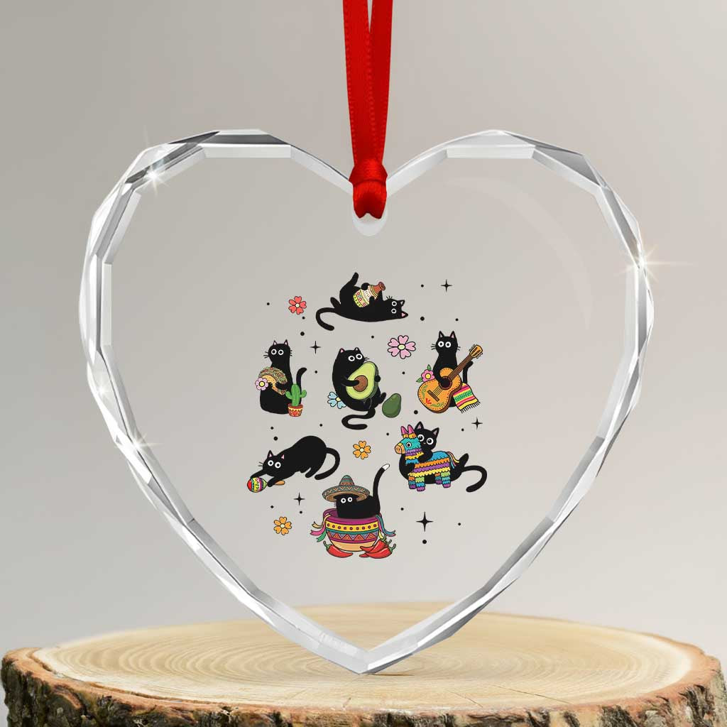 Funny Black Cat Lover Cinco De Mayo Heart Crystal Glass Ornament Mexican Fiesta Gift