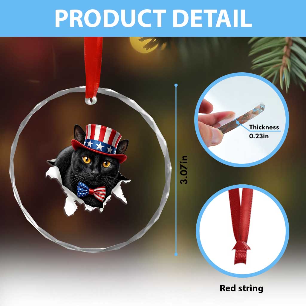 Funny Black Cat With Uncle Sam Hat Crystal Glass Ornament Patriotic Pet Lover