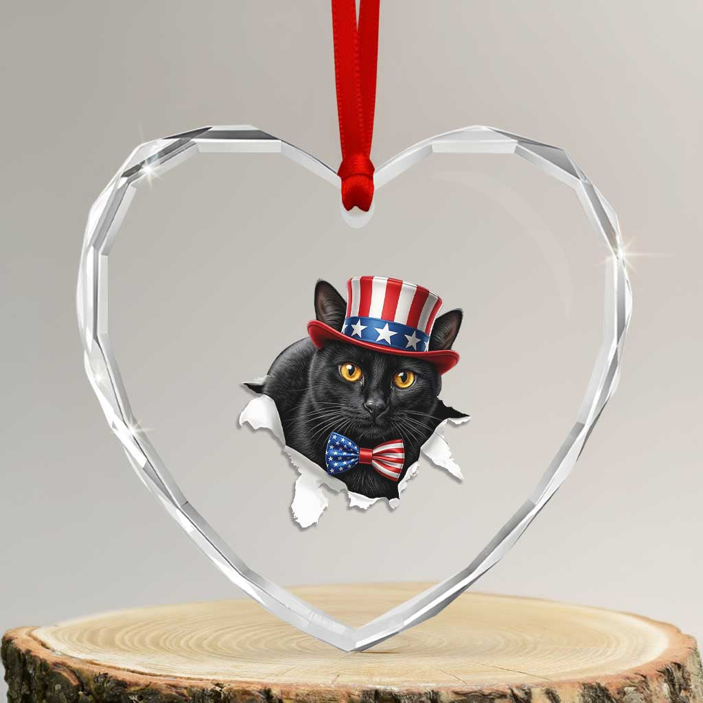 Funny Black Cat With Uncle Sam Hat Heart Crystal Glass Ornament Patriotic Pet Lover
