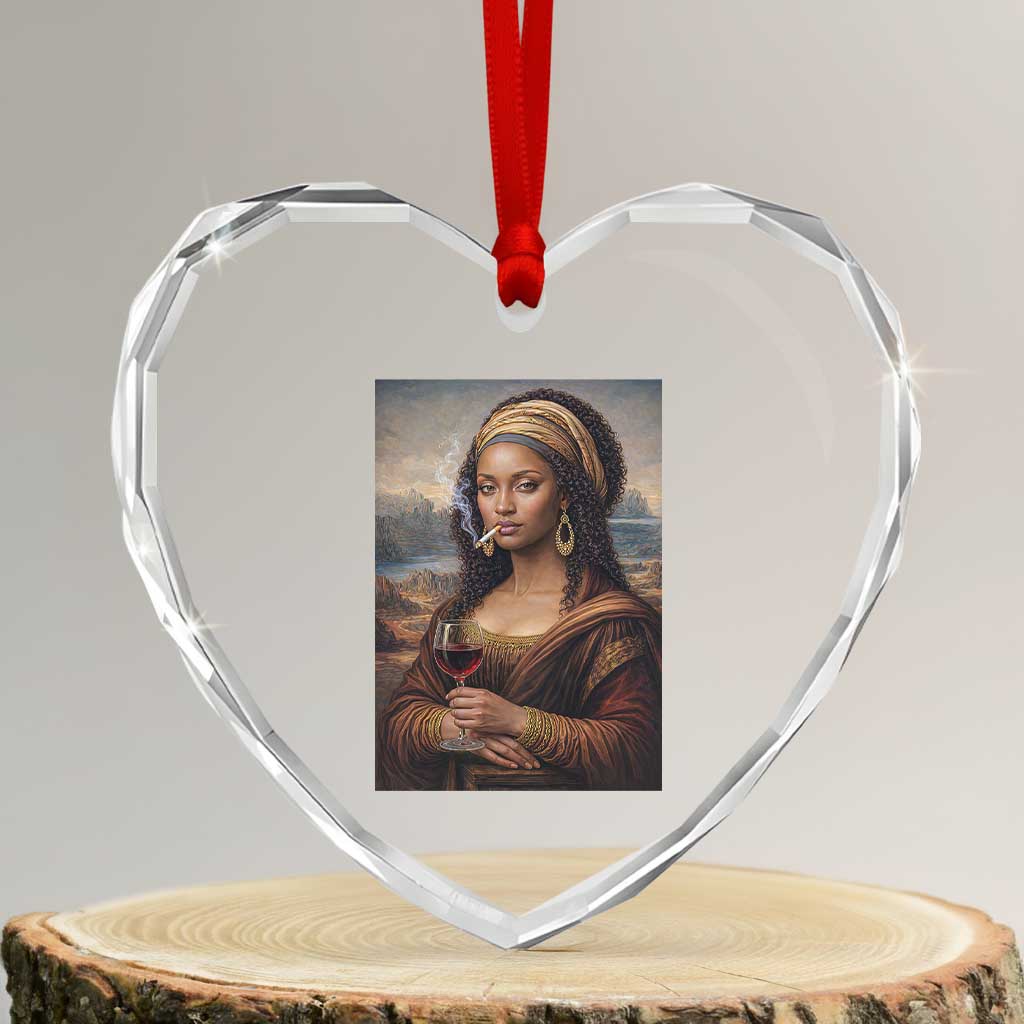 Funny Black Mona Lisa Heart Crystal Glass Ornament Melanin Queen Black History Month - Wonder Print Shop