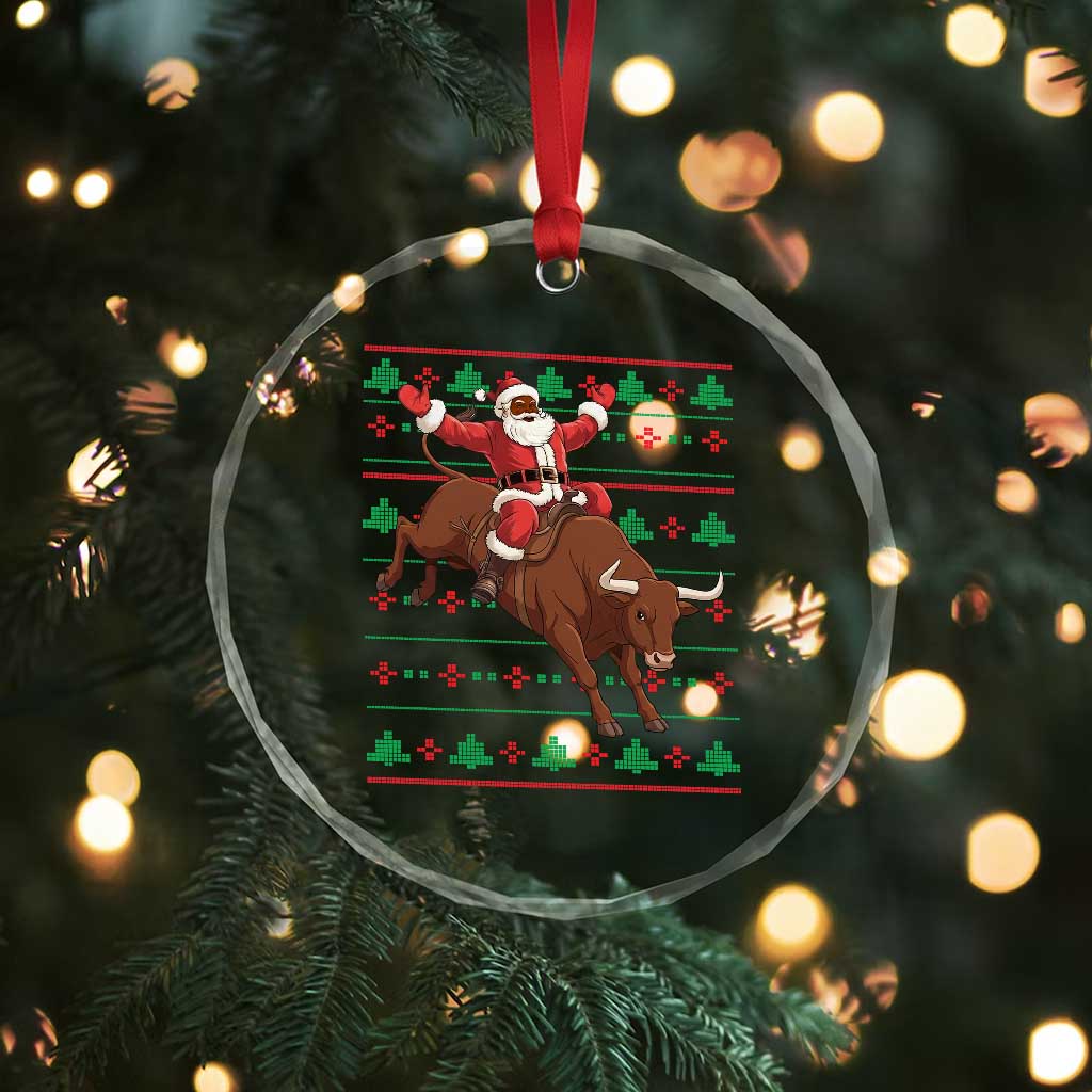 Funny Black Santa Riding Bull Crystal Glass Ornament Ugly Christmas Sweater Gift - Wonder Print Shop
