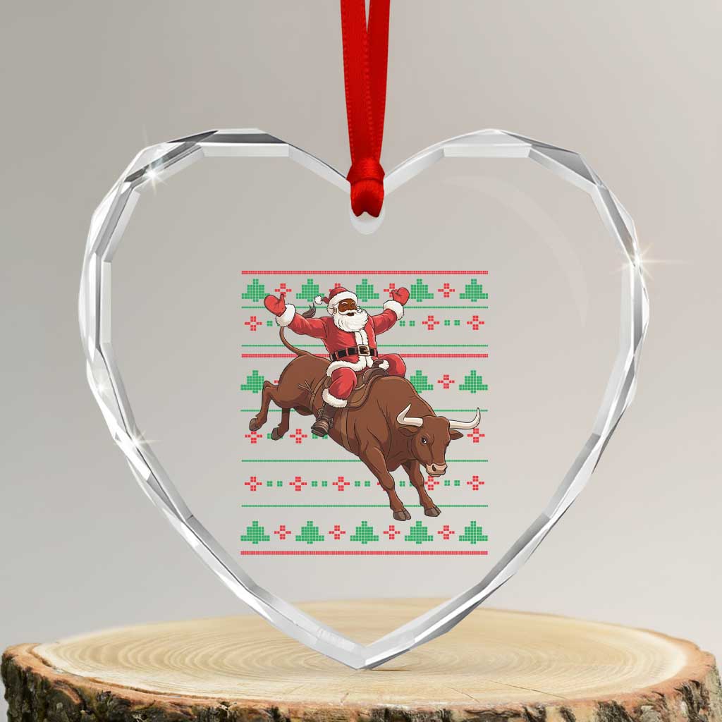 Funny Black Santa Riding Bull Heart Crystal Glass Ornament Ugly Christmas Sweater Gift - Wonder Print Shop