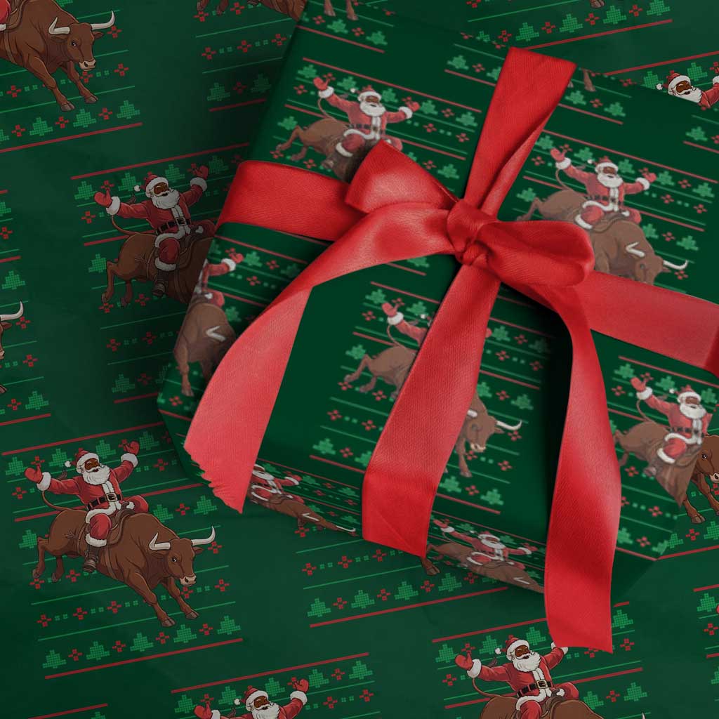 Funny Black Santa Riding Bull Wrapping Paper Roll Ugly Christmas Sweater Gift - Wonder Print Shop