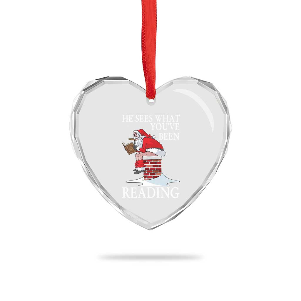 Funny Bookish Christmas Heart Crystal Glass Ornament He Sees What You Have Been Reading - Wonder Print Shop