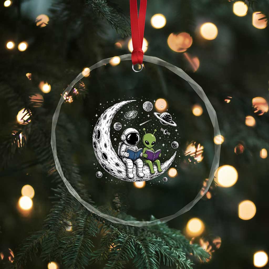 Funny Bookworm In Space Crystal Glass Ornament Cute Astronaut And Alien Reading