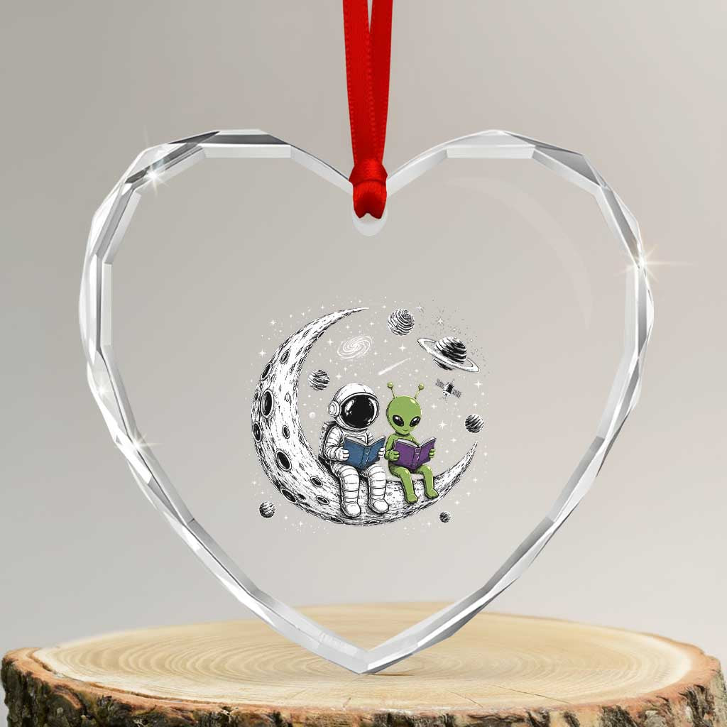 Funny Bookworm In Space Heart Crystal Glass Ornament Cute Astronaut And Alien Reading