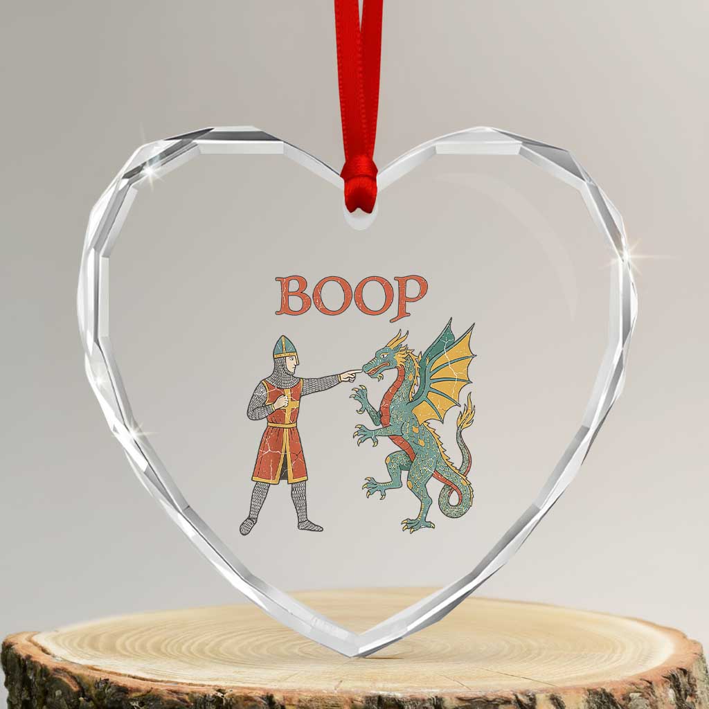 Funny Boop Medieval Knight Poking Dragon Graphic Heart Crystal Glass Ornament Vintage Renaissance Faire Fantasy Meme