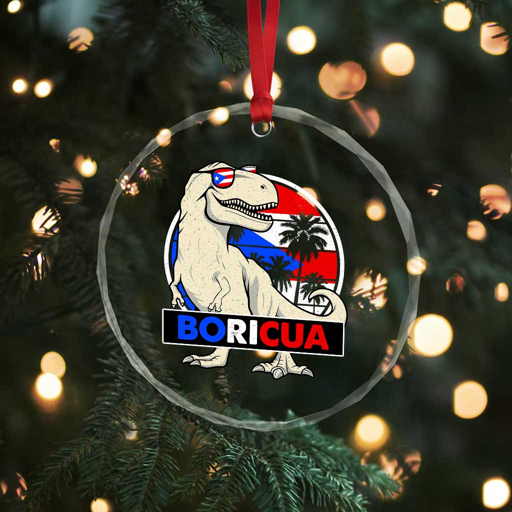Funny Boricua Dinosaur Dino Puerto Rican Flag Hispanic Heritage Crystal Glass Ornament - Wonder Print Shop