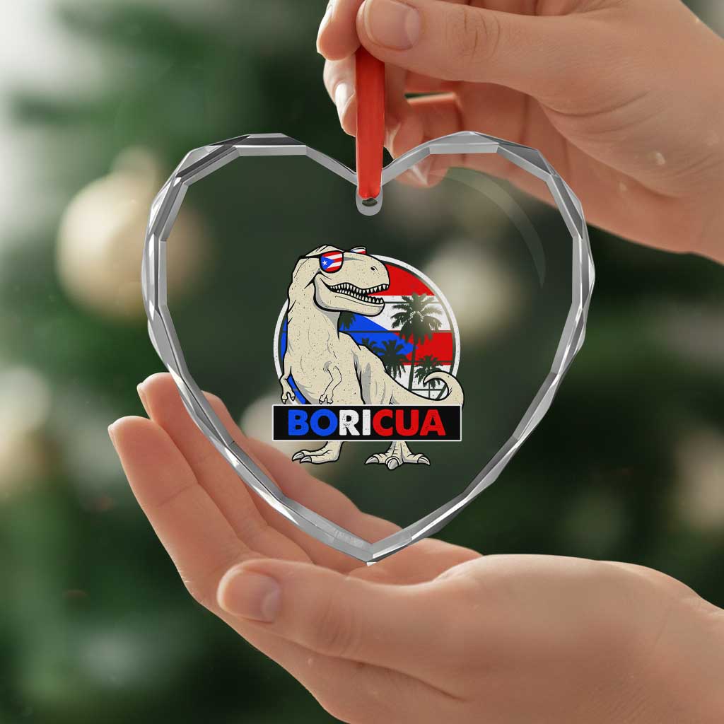 Funny Boricua Dinosaur Dino Puerto Rican Flag Hispanic Heritage Heart Crystal Glass Ornament - Wonder Print Shop