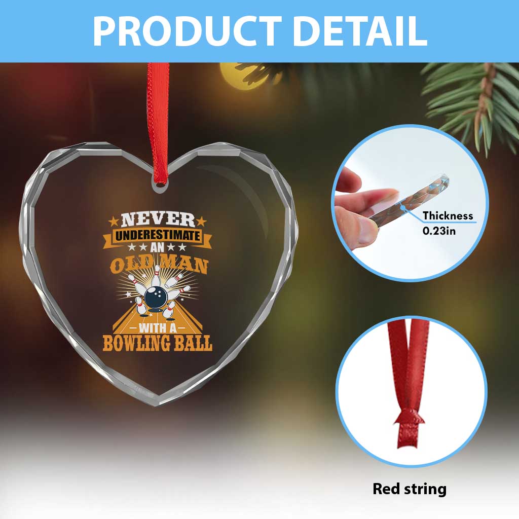 Funny Bowling Heart Crystal Glass Ornament Never Underestimate Old Man Bowling Ball Mens Bowler - Wonder Print Shop
