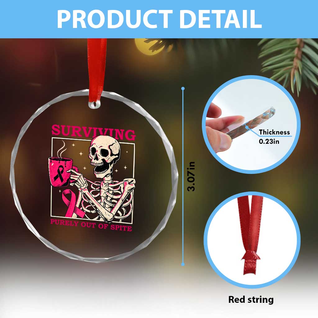 Funny Breast Cancer Skeleton Drinking Coffee Crystal Glass Ornament Surviving Purely Out Of Spite Pink Ribbon Warrior