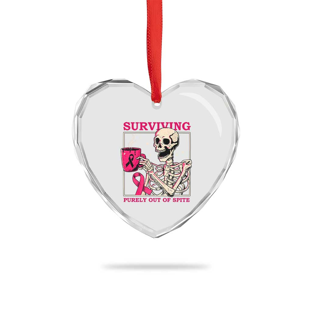 Funny Breast Cancer Skeleton Drinking Coffee Heart Crystal Glass Ornament Surviving Purely Out Of Spite Pink Ribbon Warrior
