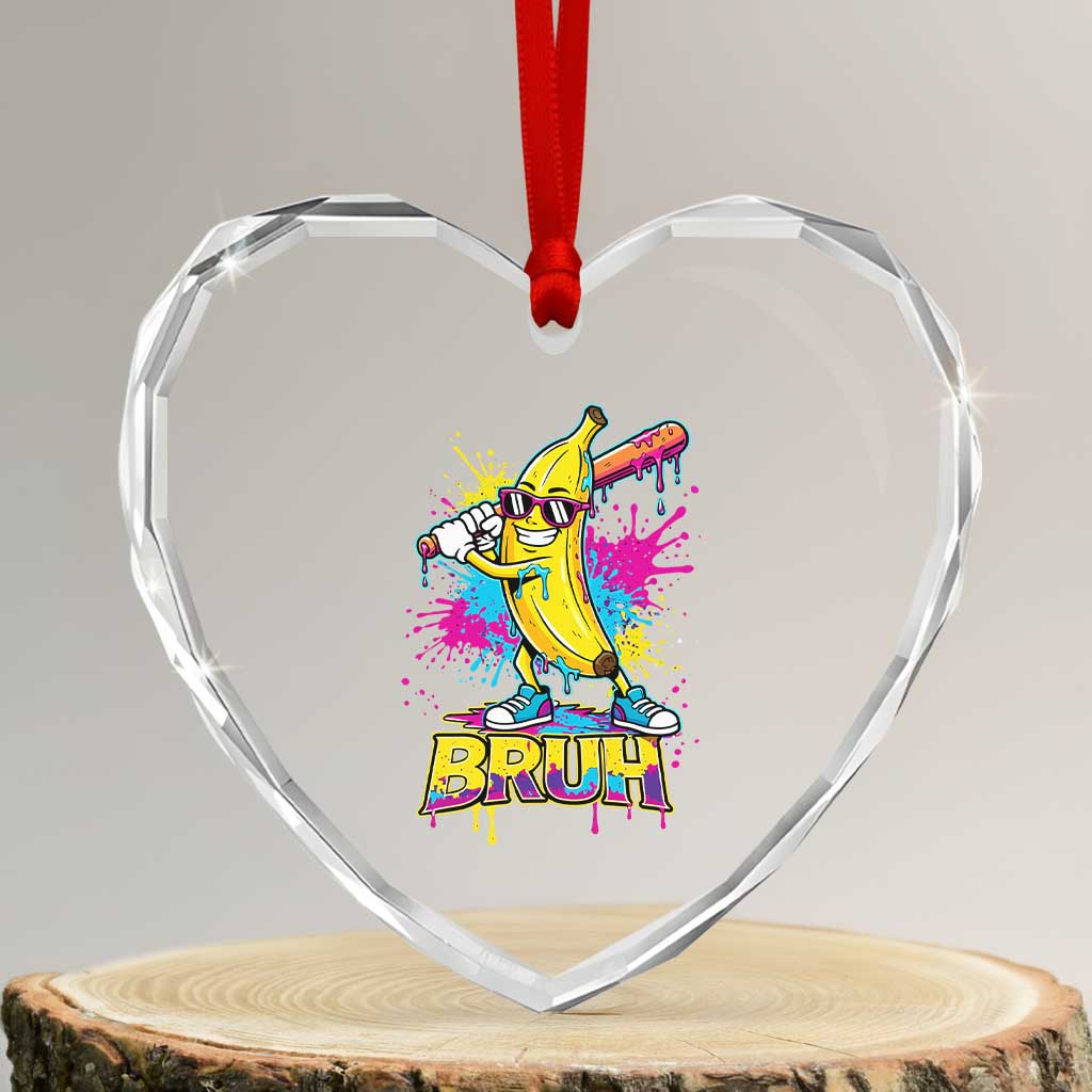 Funny Bruh Banana Baseball Drip Ice Cream Sports Splatter Heart Crystal Glass Ornament