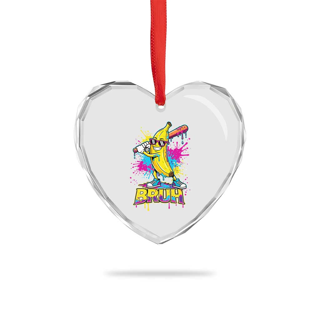 Funny Bruh Banana Baseball Drip Ice Cream Sports Splatter Heart Crystal Glass Ornament